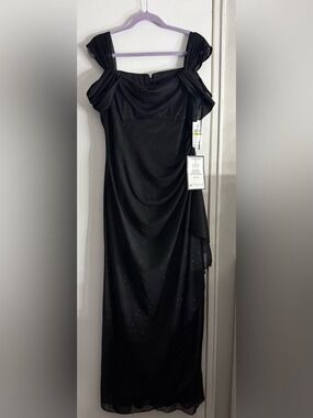 Alex Evenings Formal Long Gown Black Metallic Cold Shoulder Sz 14 $159 NWT